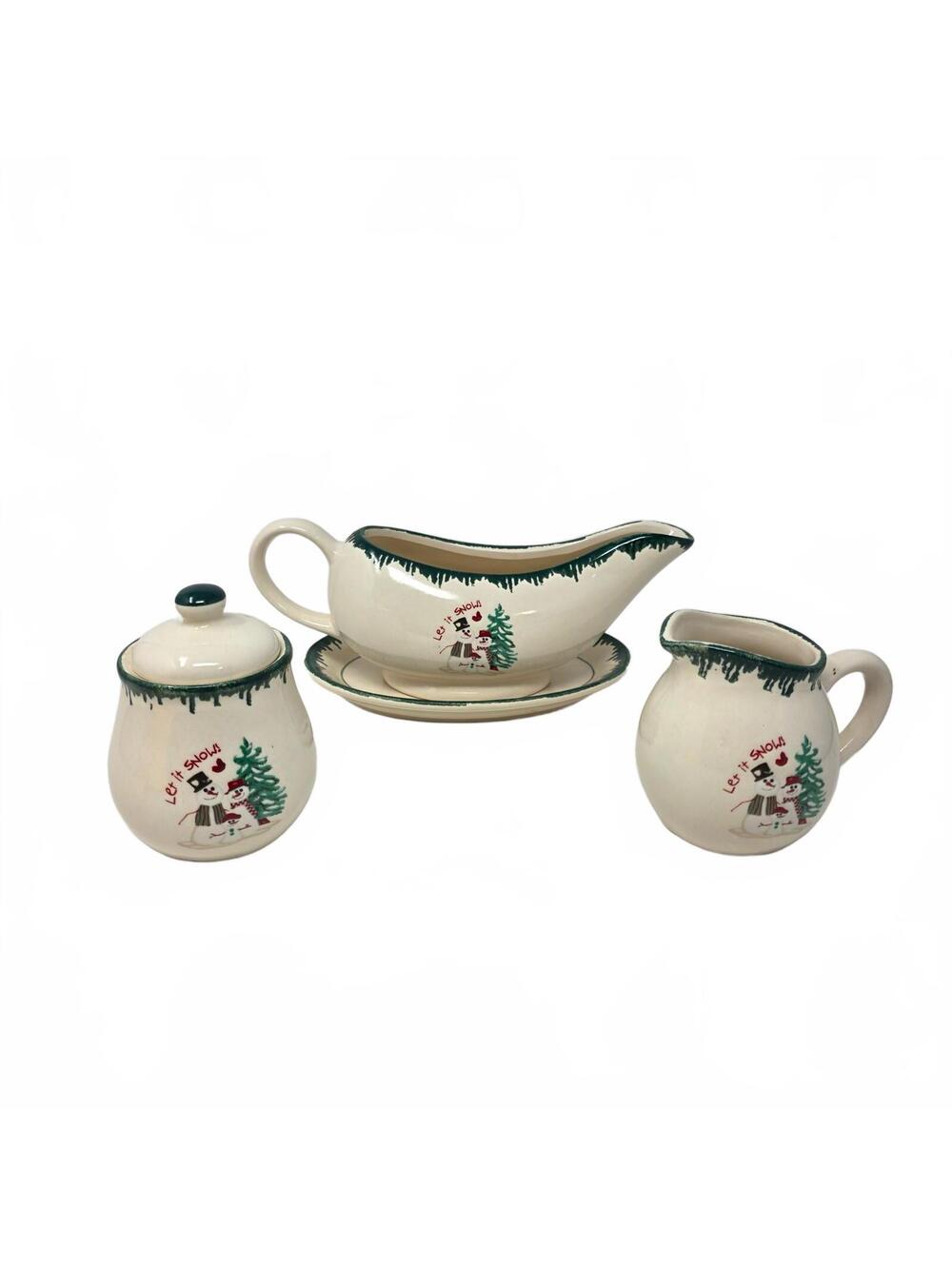 Let It Snow Snowman Stoneware Serving Set Gravy Boat Sugar Creamer